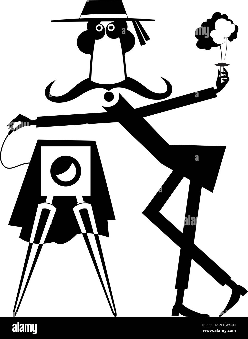 Lustiger Fotograf. Retro-Kamera. Ein Mann mit langem Schnurrbart und einer Retro-Kamera. Schwarz auf Weiß Stock Vektor