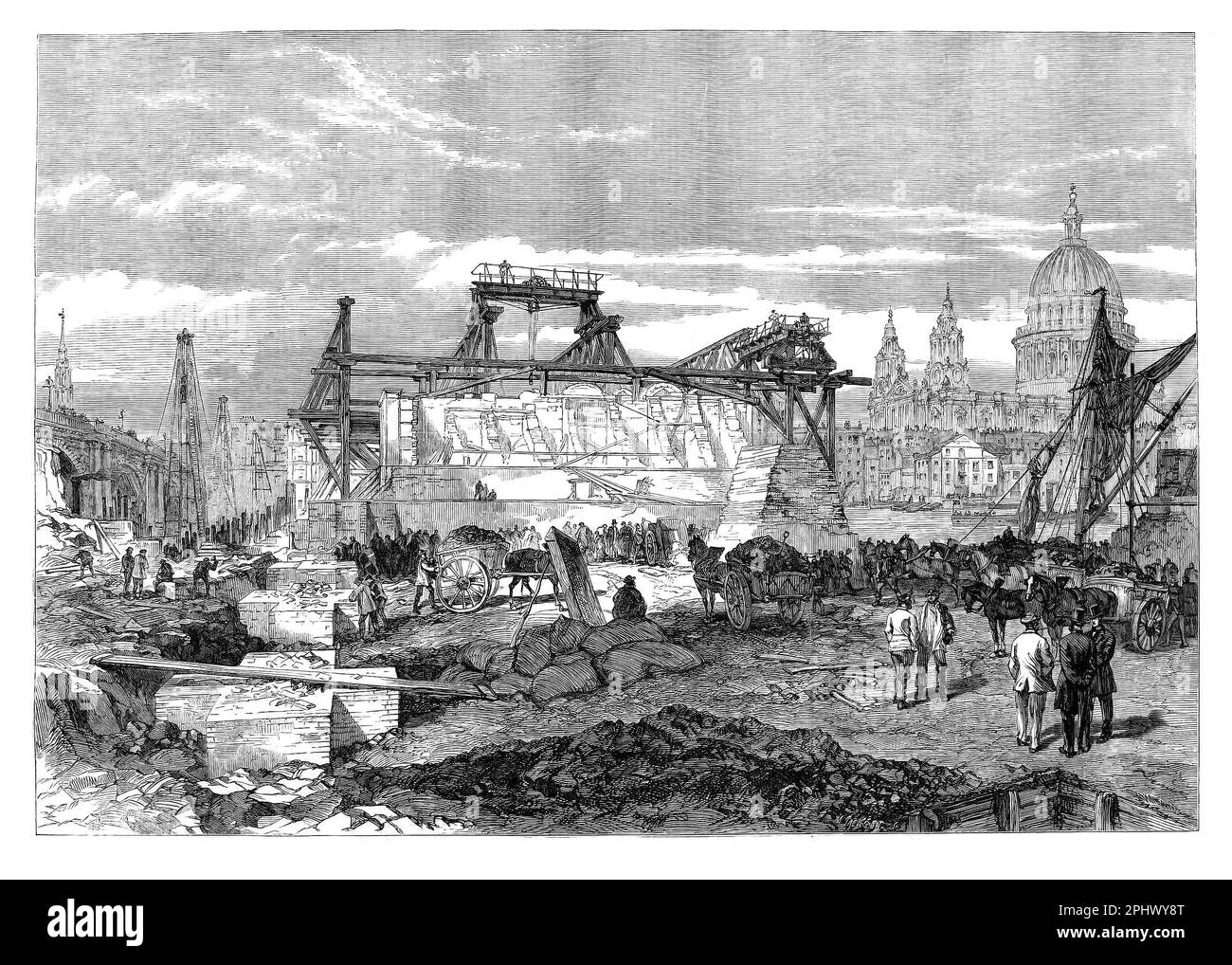 Bau der neuen Southwark Bridge über die Themse in Blackfriars, London, England um 1865 für die London, Chatham und Dover Railway. Stockfoto