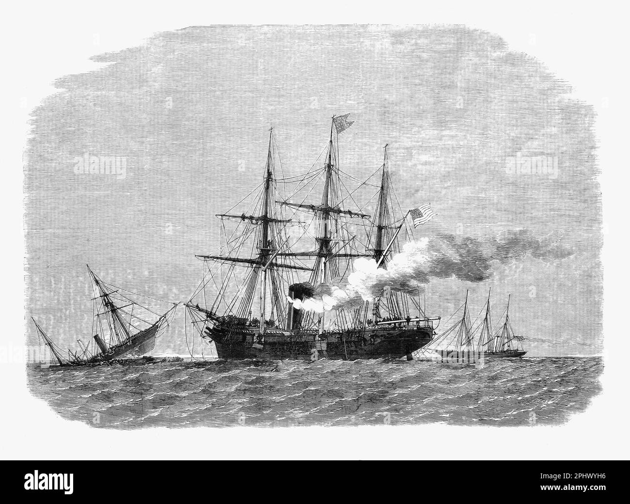 In der Schlacht von Cherbourg stürzte der Handelsstreiter der Konföderierten CSS Alabama nach einer Schlacht mit der USS Kearsarge, einem Schlachthaufen der Mohikanischen Klasse, im Jahr 1863 während des Amerikanischen Bürgerkriegs. Stockfoto