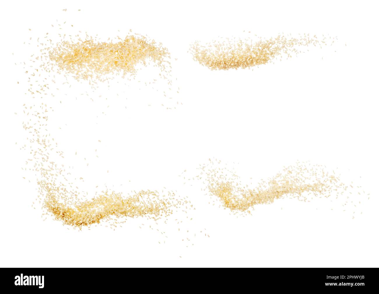 Weiße Sesamsamen fliegen explosionsartig, Weißkornwelle schwimmt. Abstrakte Wolkenfliegen fliegen in die Luft. Sesamsamen sind materielle Nahrungsmittel. Weißer Hintergrund Stockfoto