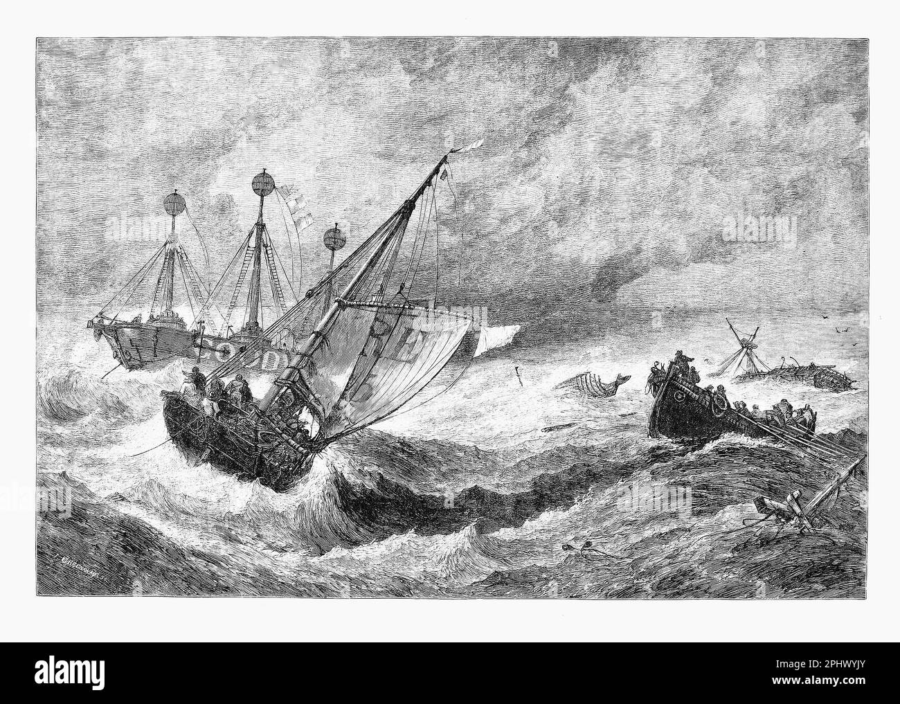 Das Ramsgate-Rettungsboot auf See beim Goodwin Lightship bei schwerem Wetter im Jahr 1864. Das Goodwin Sands ist eine 10 Meilen (16 km) lange Sandbank am südlichen Ende der Nordsee, 6 Meilen vor der Deal Coast in Kent, England. Stockfoto