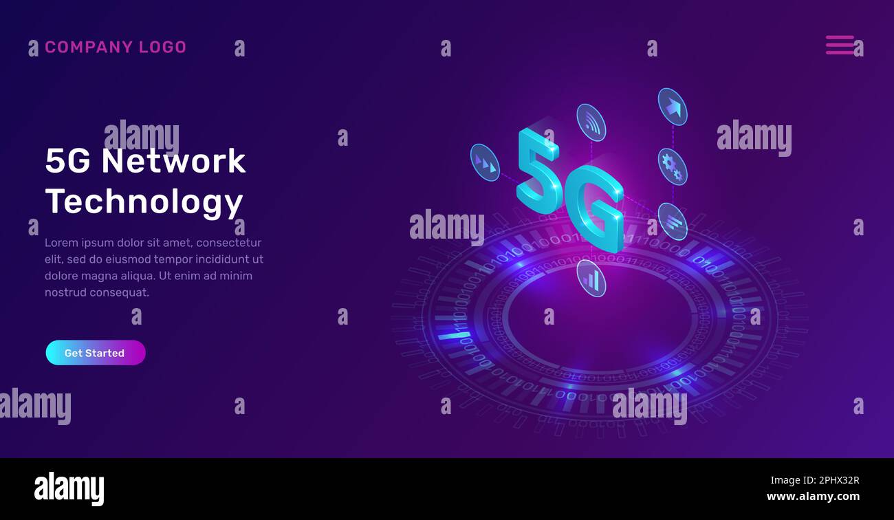 5G-Netzwerktechnologie, isometrische Konzeptvektordarstellung. 5G Symbol Wireless Internet- und Schnittstellensymbole isoliert auf ultraviolettem Hintergrund mit leuchtendem Neonkreis. High-Speed-Internet-Webseite Stock Vektor