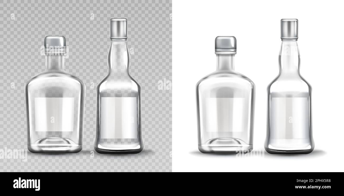 Glasflaschen in verschiedenen Formen. Wodka, Rum, Whiskey Alkohol Getränke leere Flaschen Design-Vorlage, fotorealistisches Modell isoliert auf transparentem und weißem Hintergrund. Realistische 3D-Vektordarstellung Stock Vektor