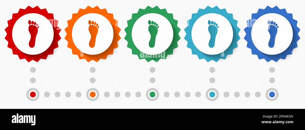 Symbolset mit menschlichen Fußabdrücken, farbenfrohe Infografik-Vorlage, Satz flacher Badge-Symbole in 5 Farboptionen Stock Vektor