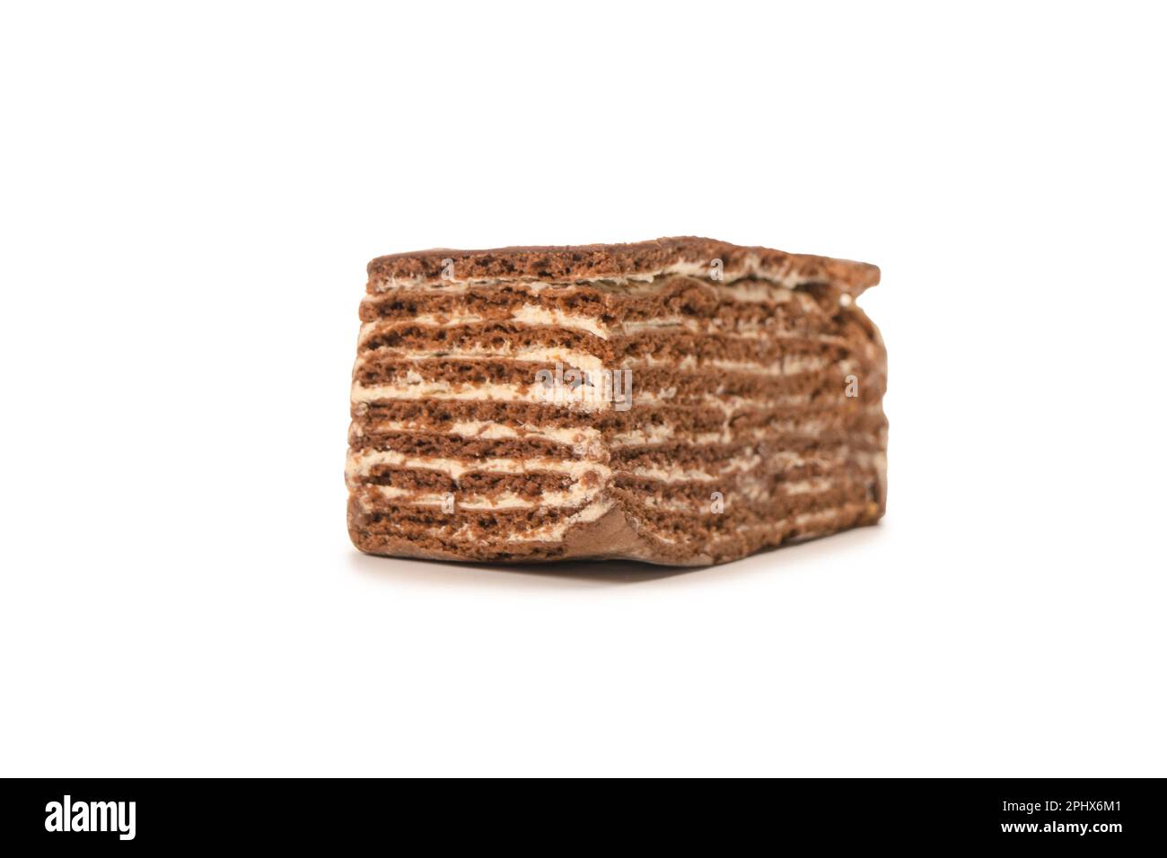 Schokoladenkuchen isoliert auf weißem Hintergrund. Draufsicht. Stockfoto