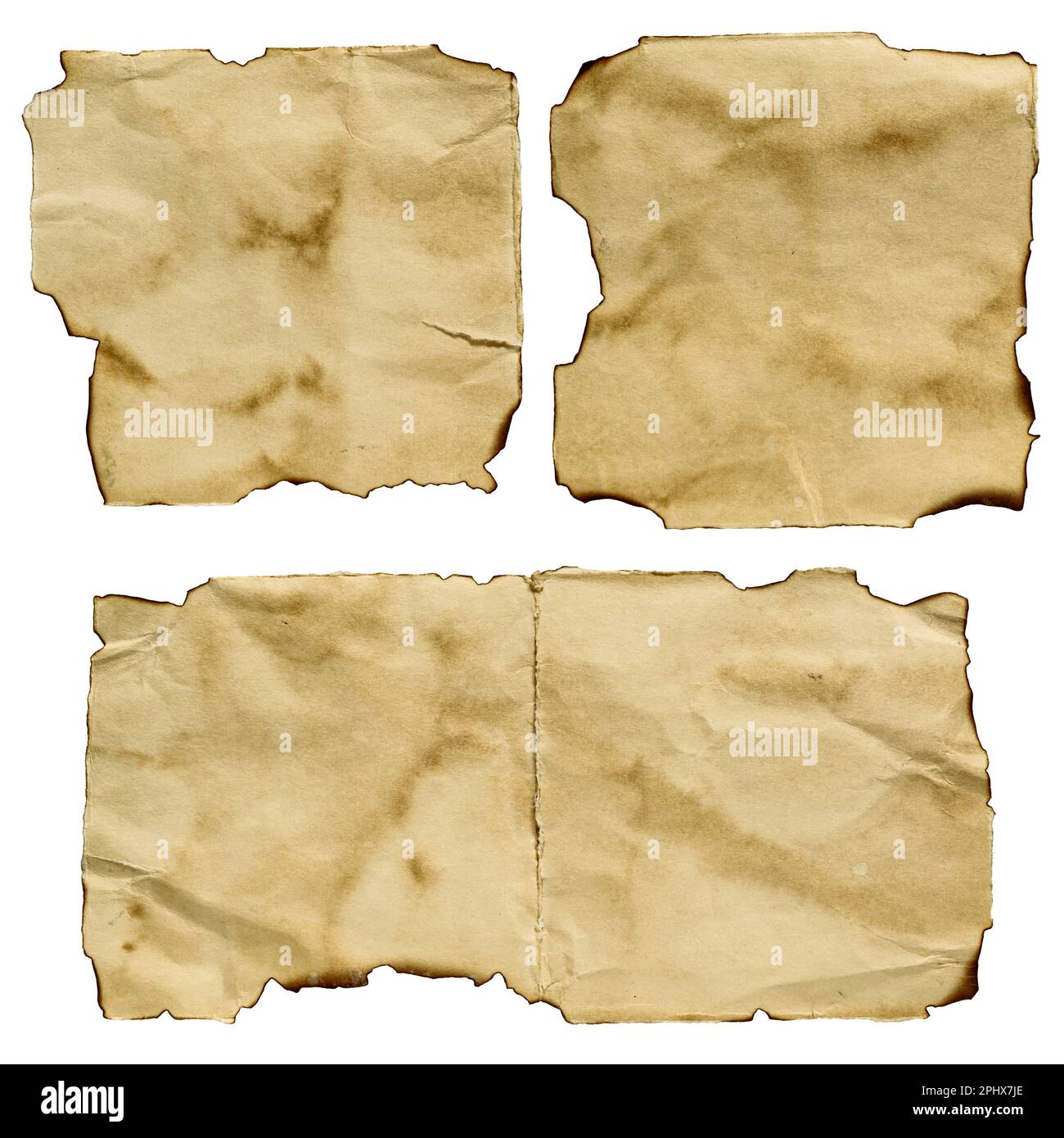 Altes Papier mit verbrannten Kanten auf weißem Hintergrund und Beschneidungspfad Stockfoto