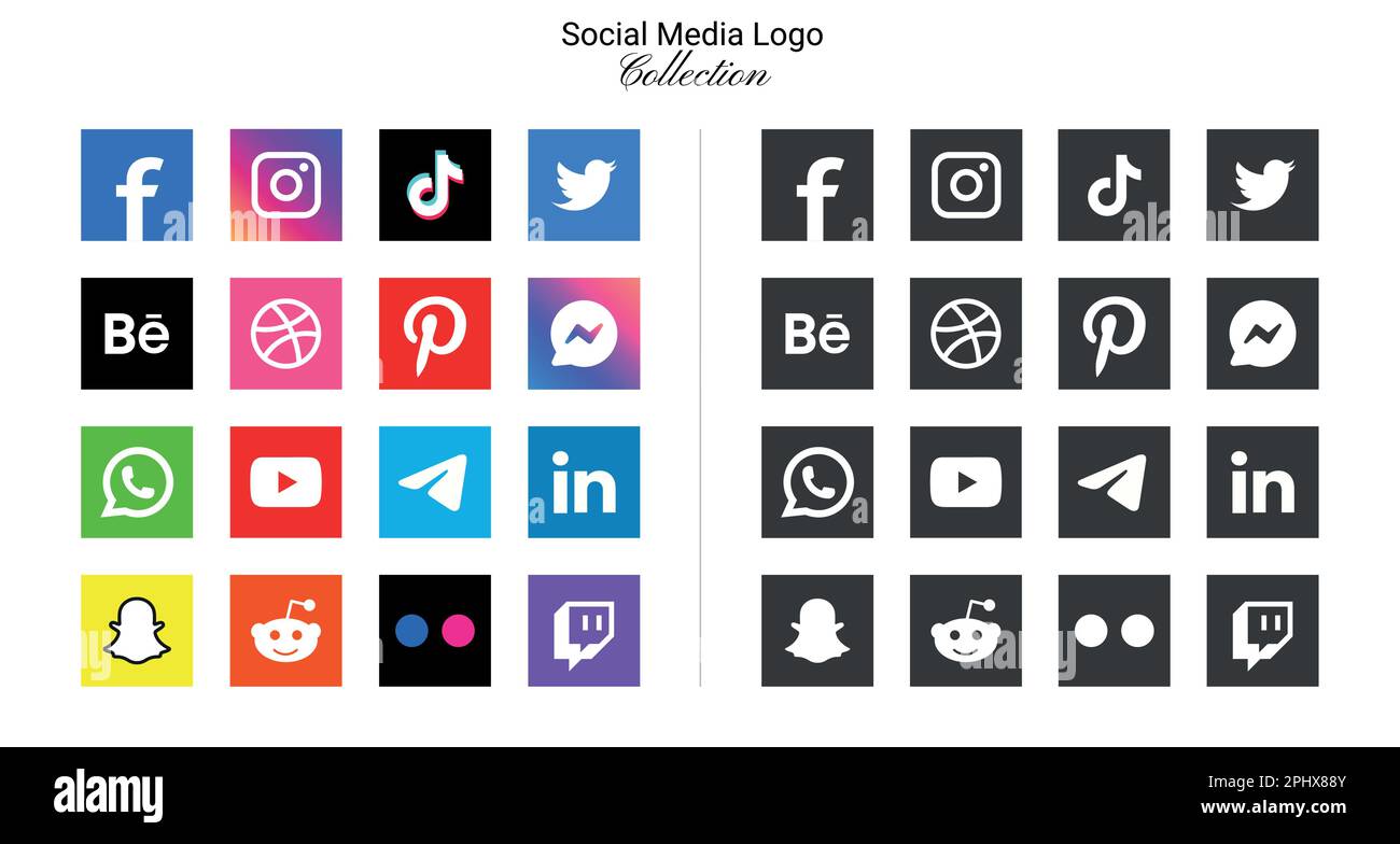 Beliebte Logosymbole für soziale Netzwerke facebook, instagram, youtube, pinterest, tiktok usw. Logosymbole, Symbolsatz für soziale Medien Stock Vektor