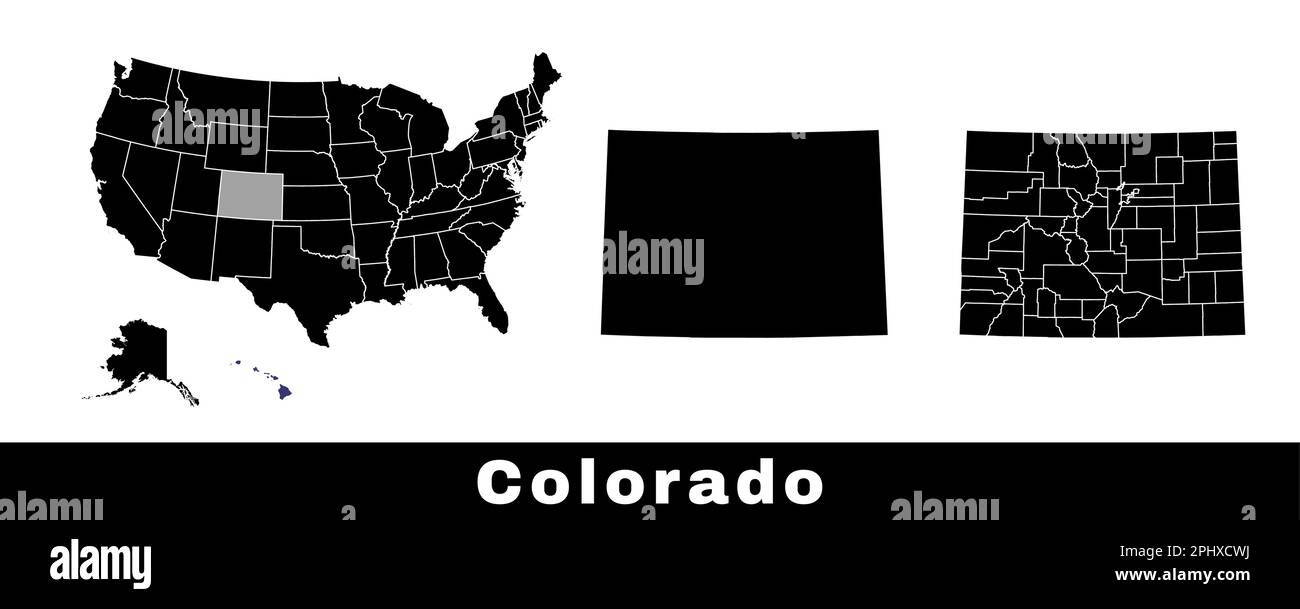 Karte des Bundesstaats Colorado, USA. Eine Reihe von Karten von Colorado mit einer Karte der Grenzen, Bezirke und US-Bundesstaaten. Schwarzweiß-Vektordarstellung. Stock Vektor