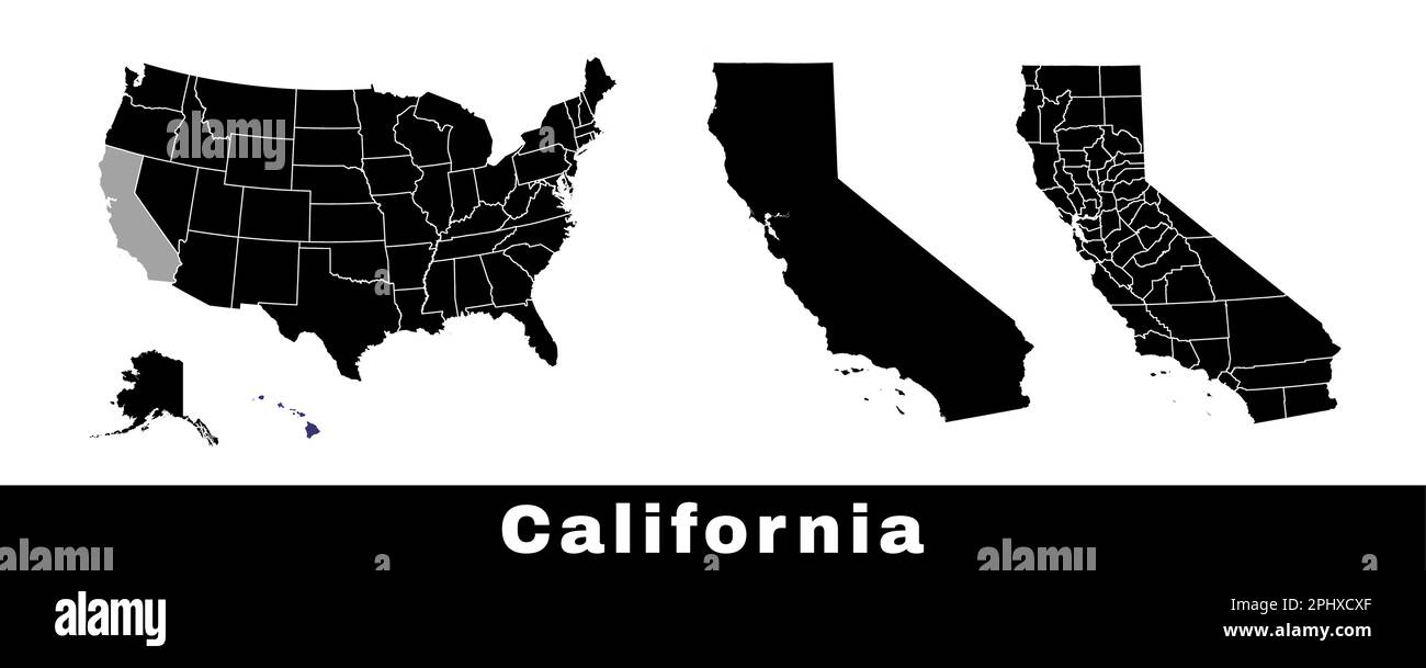 Karte des Bundesstaats Kalifornien, USA. Satz von kalifornischen Karten mit Umriss-, Landes- und US-Bundesstaaten-Karte. Schwarzweiß-Vektordarstellung. Stock Vektor