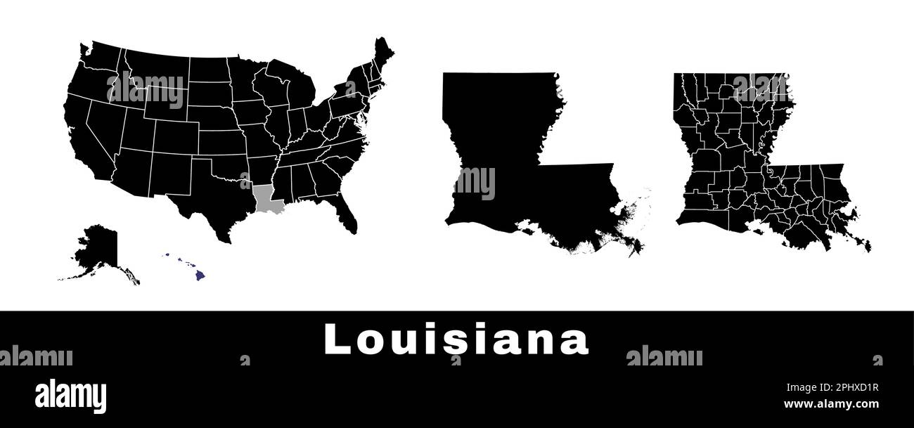 Karte des Bundesstaats Louisiana, USA. Eine Reihe von Karten von Louisiana mit einer Übersicht über die Grenzen, Landkreise und US-Bundesstaaten. Schwarzweiß-Vektordarstellung. Stock Vektor