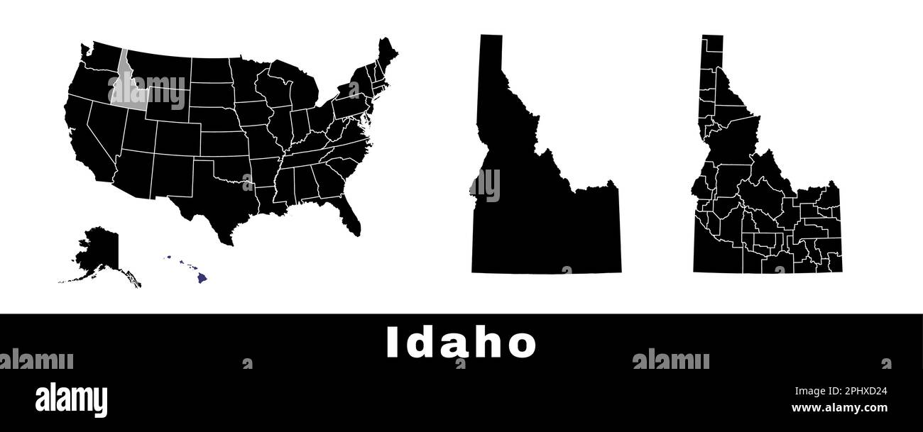 Karte des Bundesstaats Idaho, USA. Set von Karten von Idaho mit Umriss der Grenze, Landkreise und US-Bundesstaaten. Schwarzweiß-Vektordarstellung. Stock Vektor