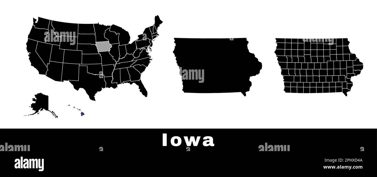 Karte des Bundesstaats Iowa, USA. Set von Karten von Iowa mit Umriss der Grenze, Landkreise und US-Bundesstaaten. Schwarzweiß-Vektordarstellung. Stock Vektor