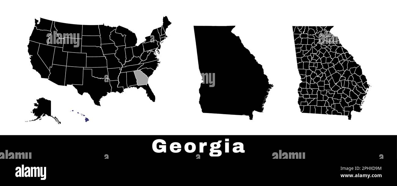 Karte des Bundesstaates Georgia, USA. Eine Reihe von Landkarten für Georgia mit einer Karte für die Umrissgrenzen, Landkreise und US-Bundesstaaten. Schwarzweiß-Vektordarstellung. Stock Vektor