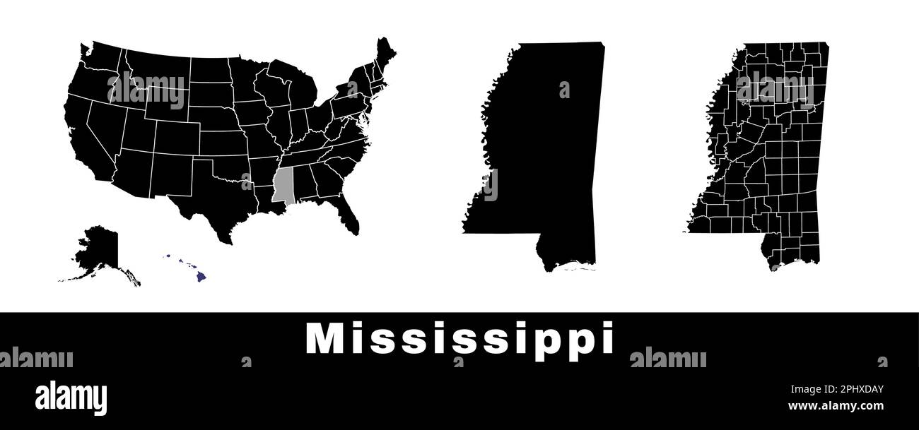 Karte des Bundesstaats Mississippi, USA. Eine Reihe von Karten von Mississippi mit einer Karte der Umrisse, der Landkreise und der US-Bundesstaaten. Schwarzweiß-Vektordarstellung. Stock Vektor