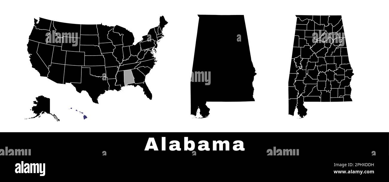 Karte des Bundesstaats Alabama, USA. Eine Reihe von Karten von Alabama mit einer Karte der Grenzen, Bezirke und US-Bundesstaaten. Schwarzweiß-Vektordarstellung. Stock Vektor