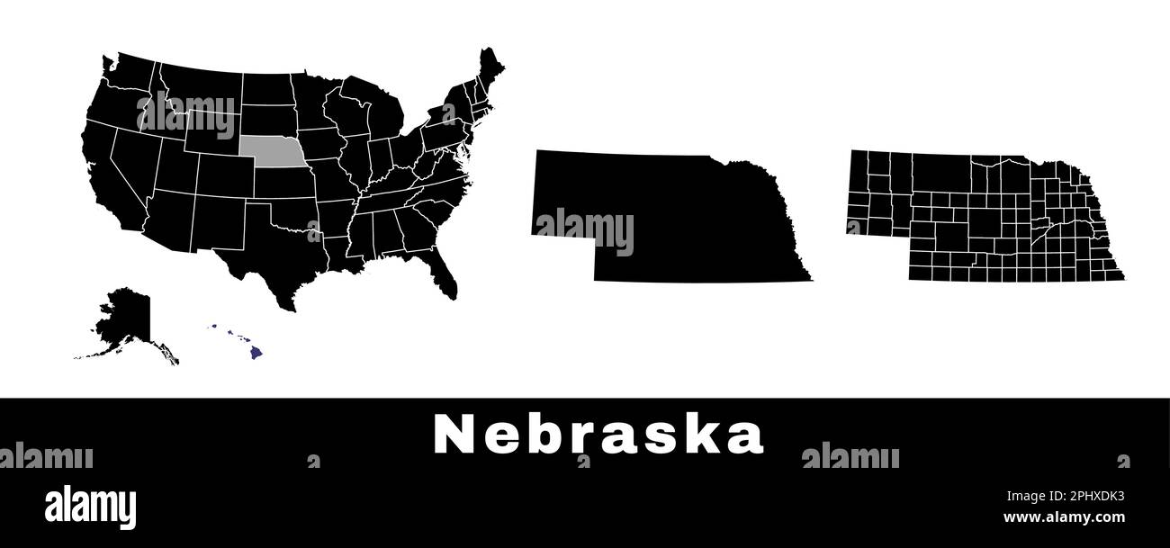 Karte des Bundesstaats Nebraska, USA. Set von Karten von Nebraska mit Umriss der Grenze, Landkreise und US-Bundesstaaten. Schwarzweiß-Vektordarstellung. Stock Vektor