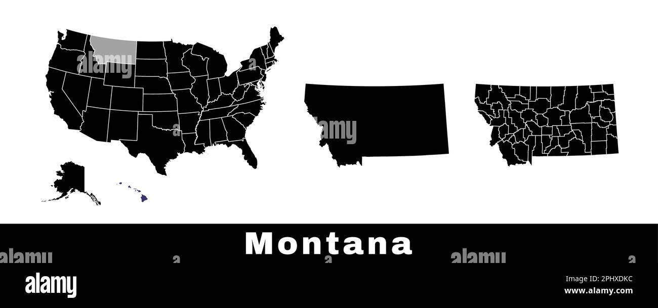 Karte des Bundesstaats Montana, USA. Kartensatz von Montana mit Umriss der Grenze, Landkreise und US-Bundesstaaten. Schwarzweiß-Vektordarstellung. Stock Vektor