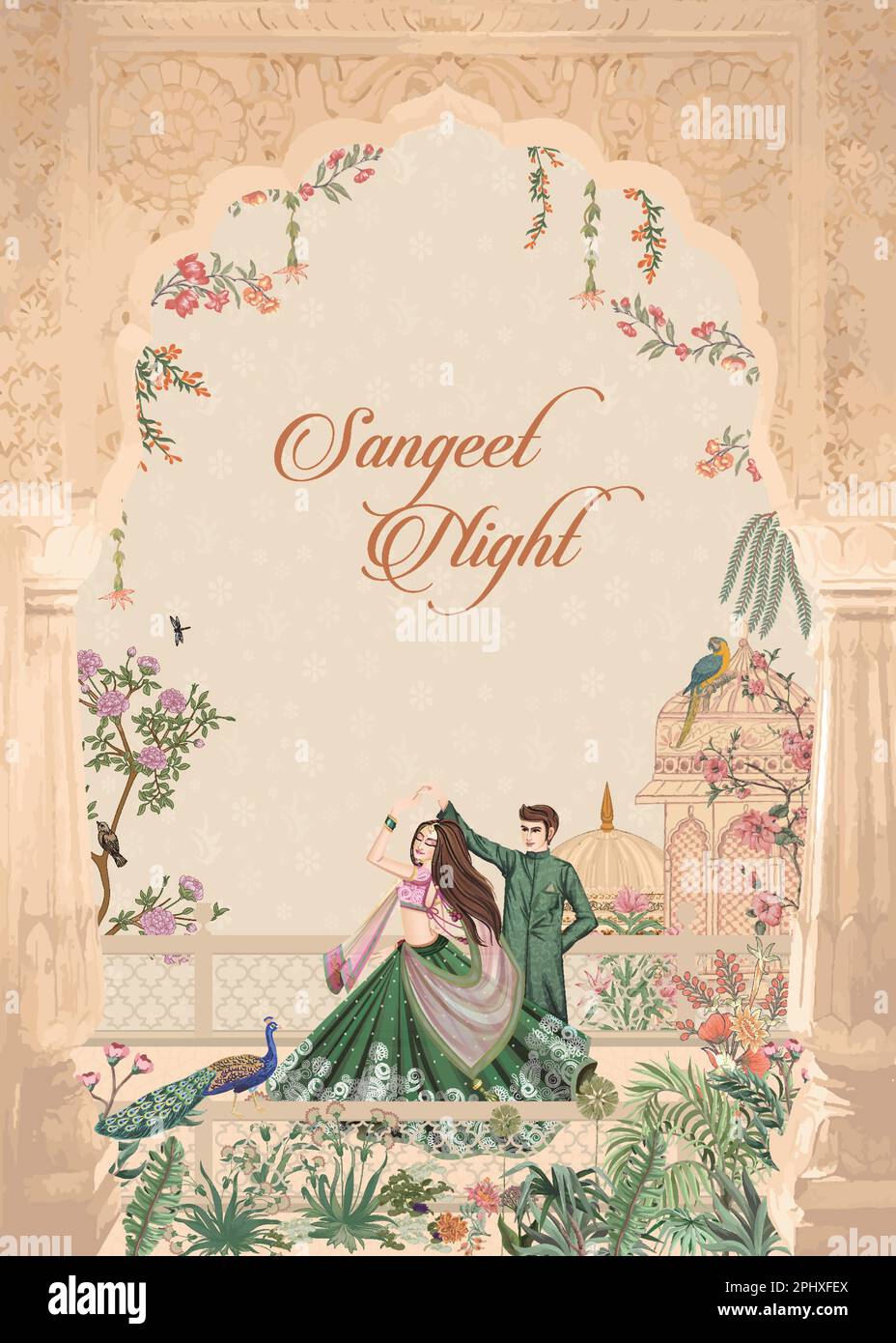 Mogul-Hochzeitskarte. Sangeet Night Einladungskarte-Design zum Drucken von Vektorbildern. Stock Vektor