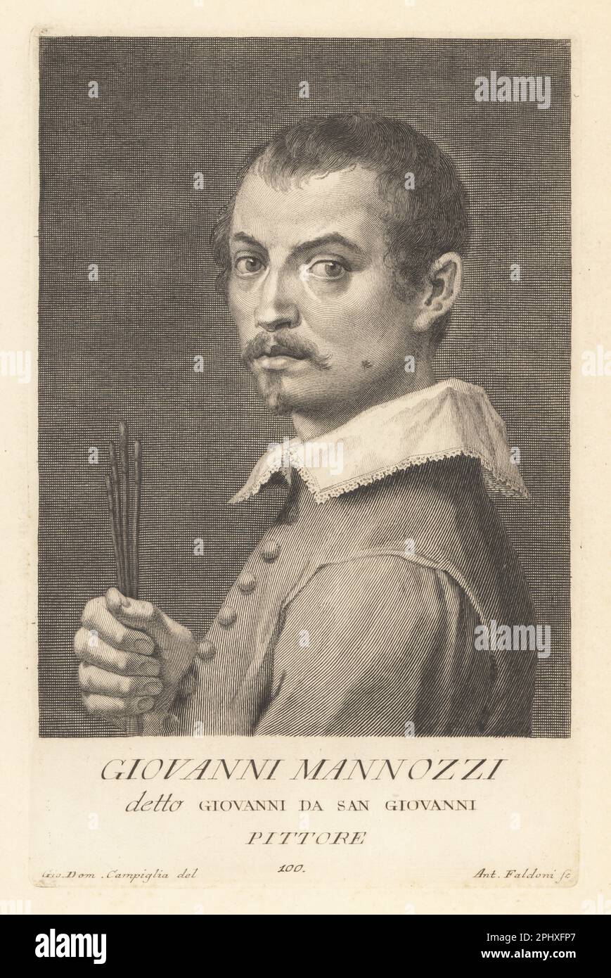 Giovanni da San Giovanni, auch bekannt als Giovanni Mannozzi, italienischer Maler der frühen Barockzeit, aktiv in Florenz, 1592-1636. Abgebildet mit Farbbürsten. Kupferplatten-Gravur von Giovanni Antonio Faldoni nach Giovanni Domenico Campiglia nach einem Selbstporträt des Künstlers aus Francesco Moucke's Museo Florentino (Museum Florentinum), Serie di Ritratti de Pittori (Serie von Porträts der Maler) stamperia Mouckiana, Florenz, 1752-62. Stockfoto