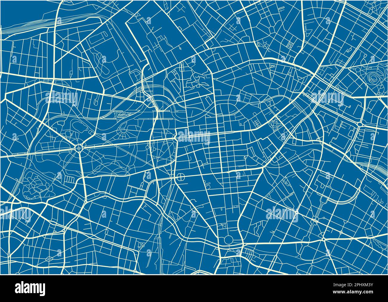 Blau-weißer Vektor-Stadtplan von Berlin mit gut organisierten getrennten Schichten. Stock Vektor