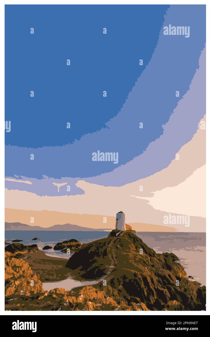 Nostalgisches Retro-Reiseposter des Leuchtturms von Llanddwyn, Anglesey, Wales im Stil von Work Projects Administration. Stock Vektor