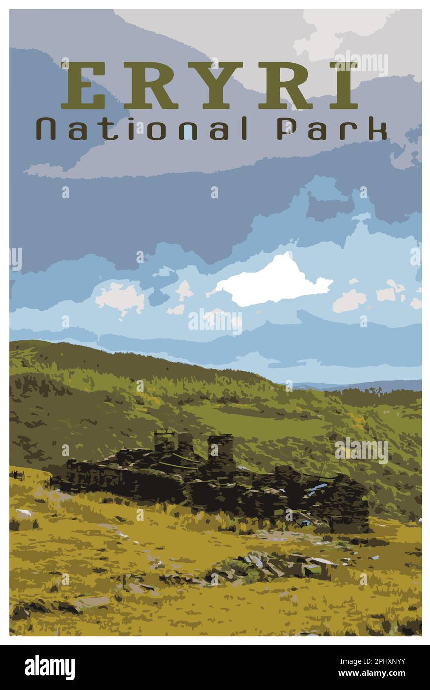 Nostalgisches Retro-Reiseposter des Eryri-Nationalparks, Wales, Großbritannien im Stil von Work Projects Administration. Stock Vektor