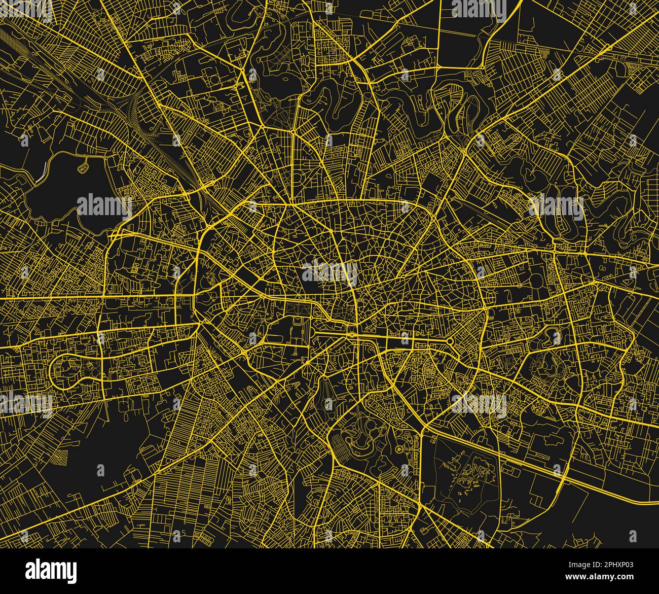 Schwarzer und gelber Vektorplan von Bukarest mit gut organisierten getrennten Schichten. Stock Vektor