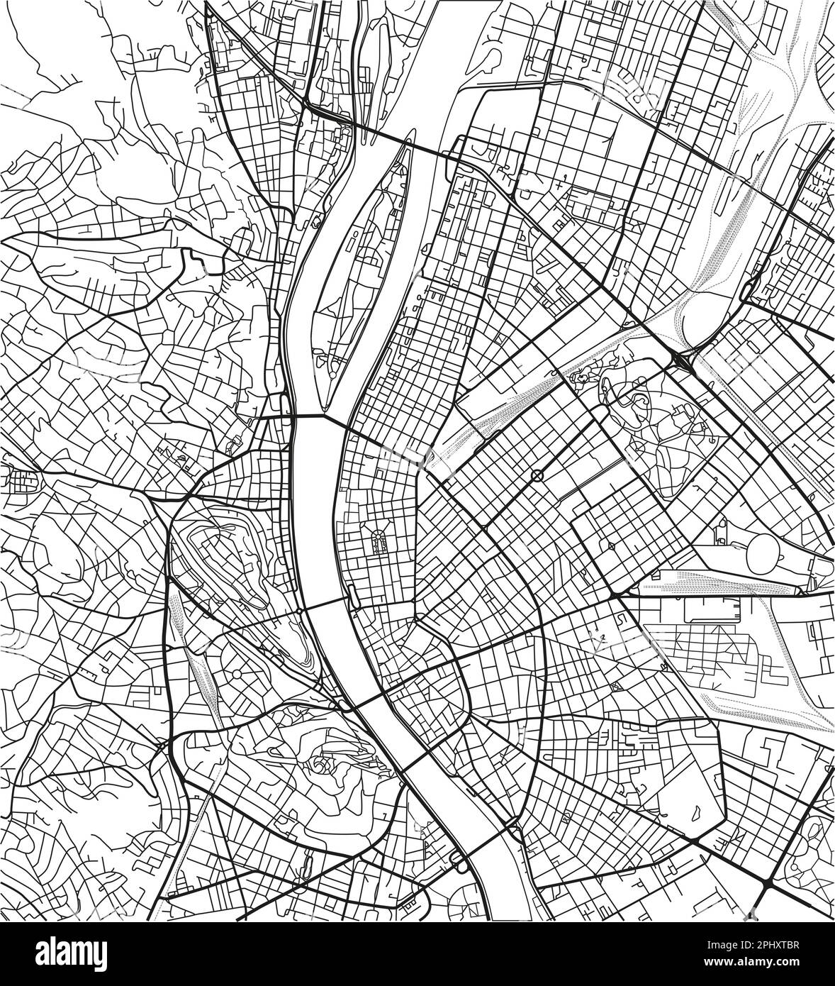 Schwarzweißer Vektor-Stadtplan von Budapest mit gut organisierten getrennten Schichten. Stock Vektor