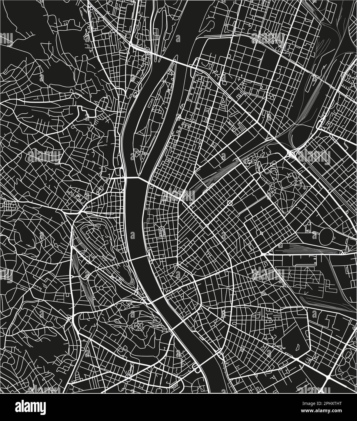 Schwarzweißer Vektor-Stadtplan von Budapest mit gut organisierten getrennten Schichten. Stock Vektor