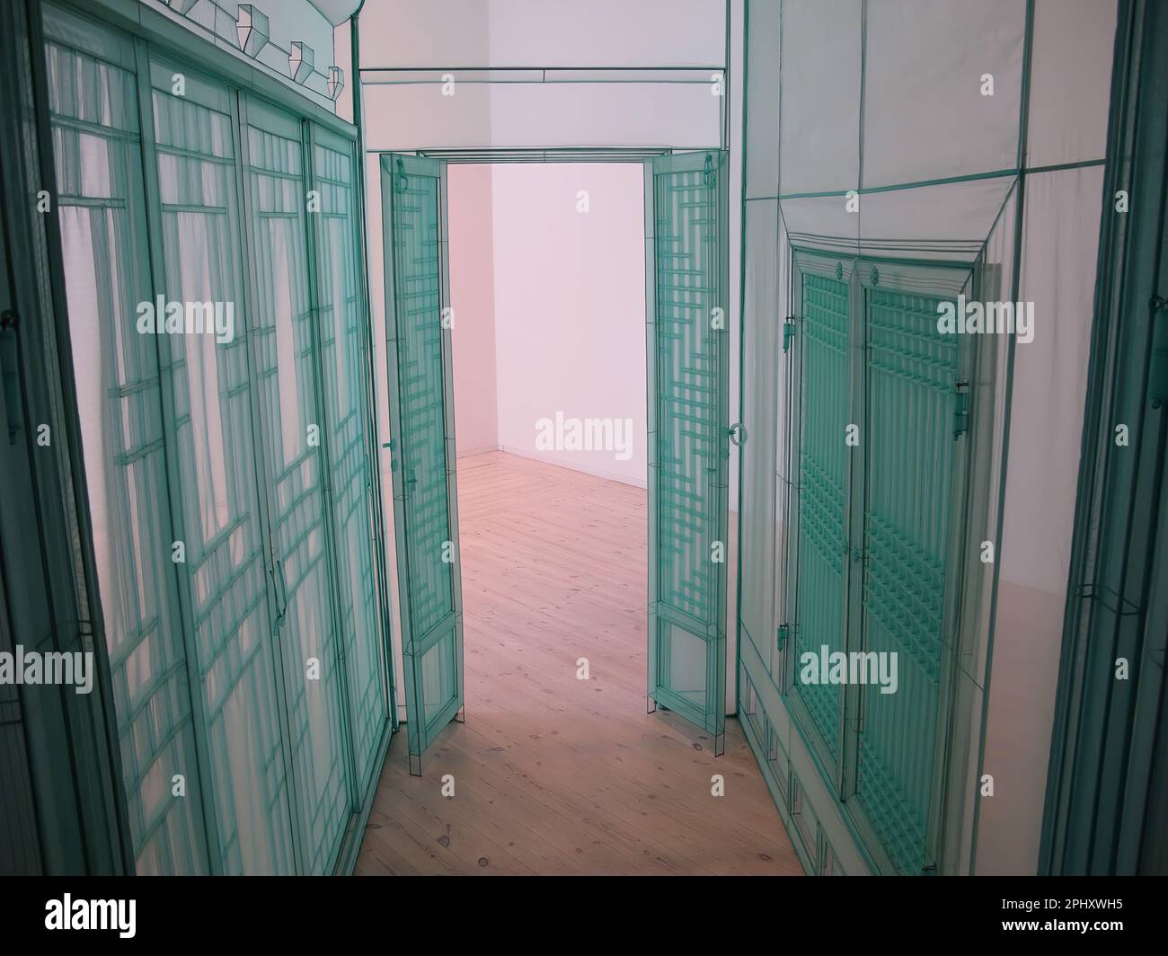 Umea, Norrland Schweden - 14. Februar 2018: Kunstinstallation mit transparenten Fenstern und Türen Stockfoto