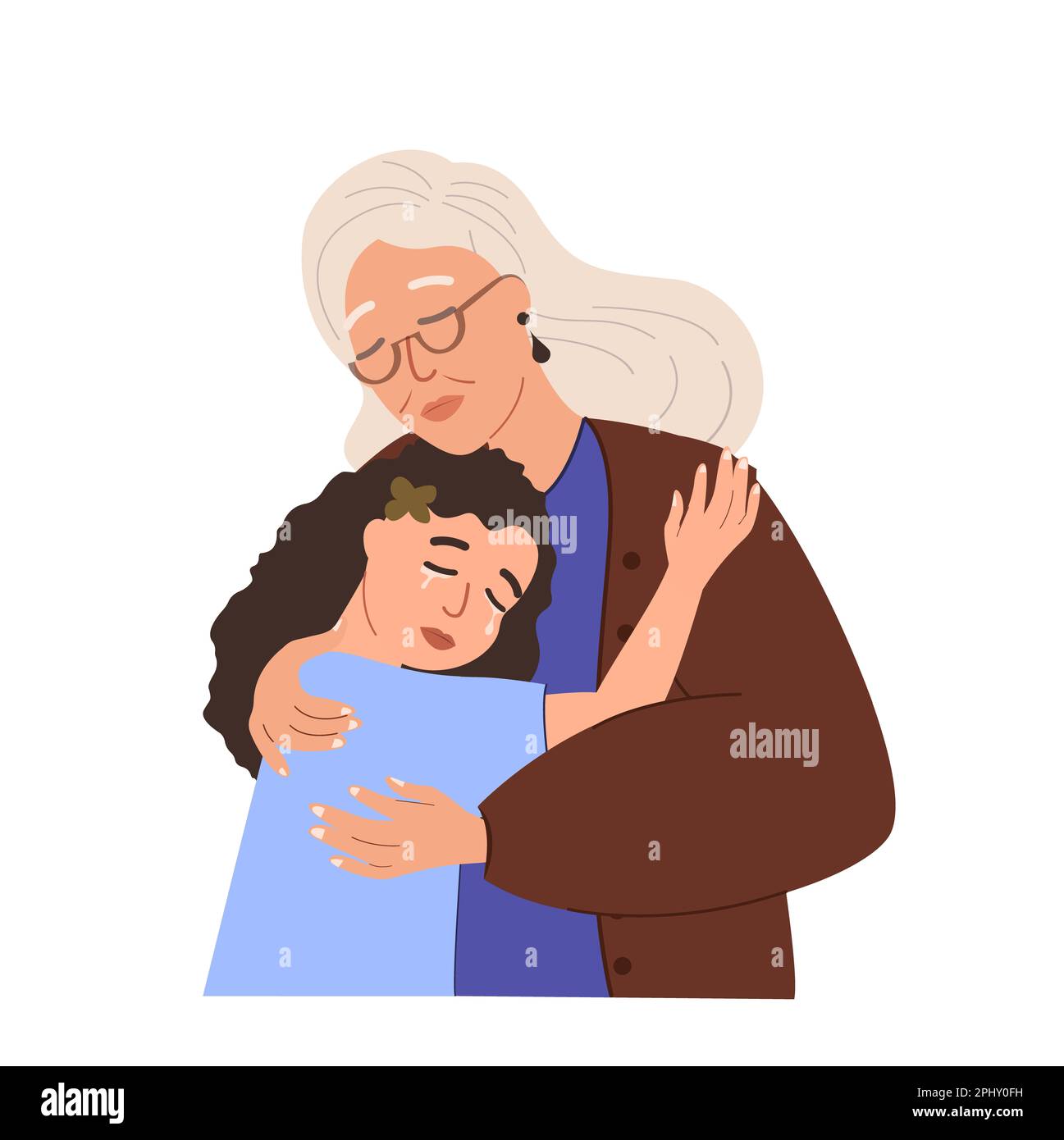 Großmutter Eltern unterstützen ihr Enkelkind, Betreuung des Mädchens, Kind.Großmutter tröstet weinendes trauriges Kind.Unterstützende Eltern helfen Teenagern in Schwierigkeiten.warme Umarmungen. Stockfoto