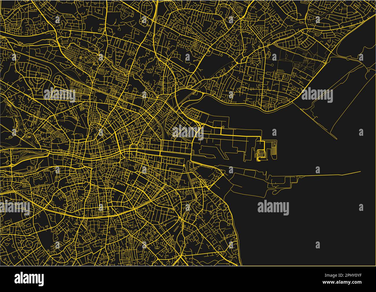 Schwarz-gelber Stadtplan von Dublin mit gut organisierten getrennten Schichten. Stock Vektor