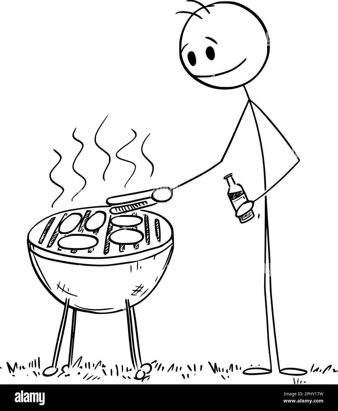 Eine Person, die Bier auf dem Grill kocht, eine Vektor-Cartoon-Strichfigur oder eine Figur. Stock Vektor