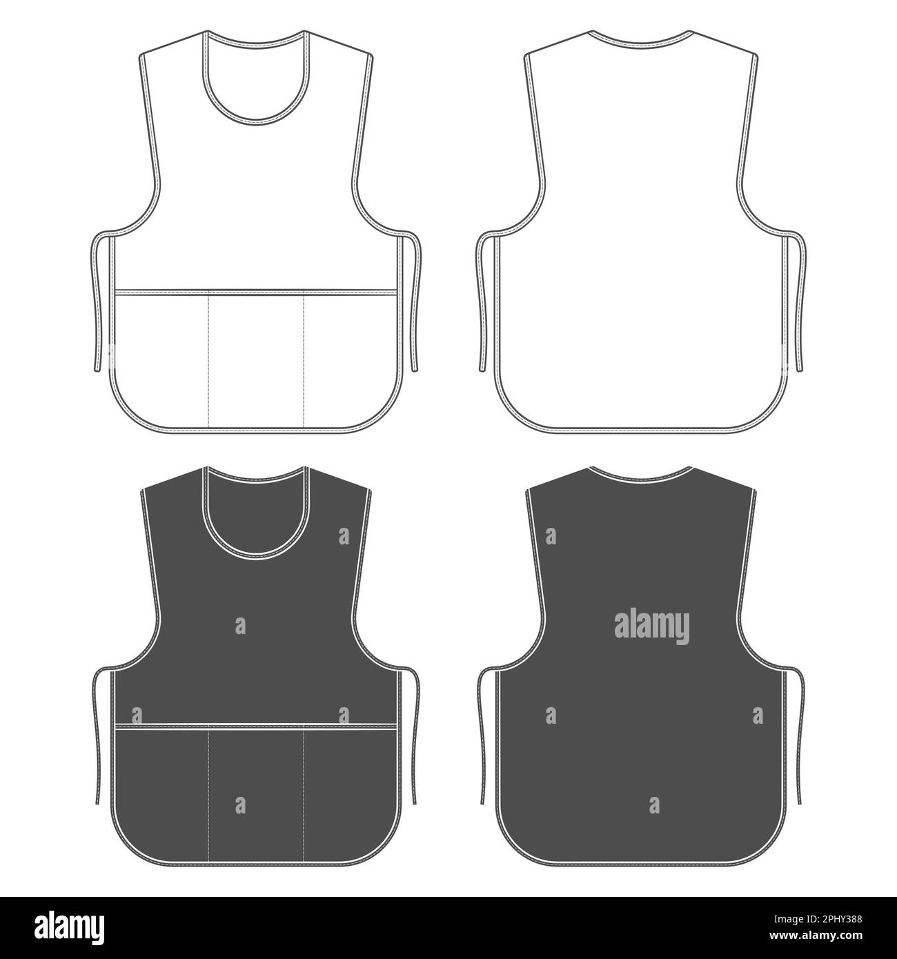 Schwarz-weiß-Illustration mit einer Schürze aus Verkäufer und Kellner. Isolierte Vektorobjekte auf weißem Hintergrund. Stock Vektor