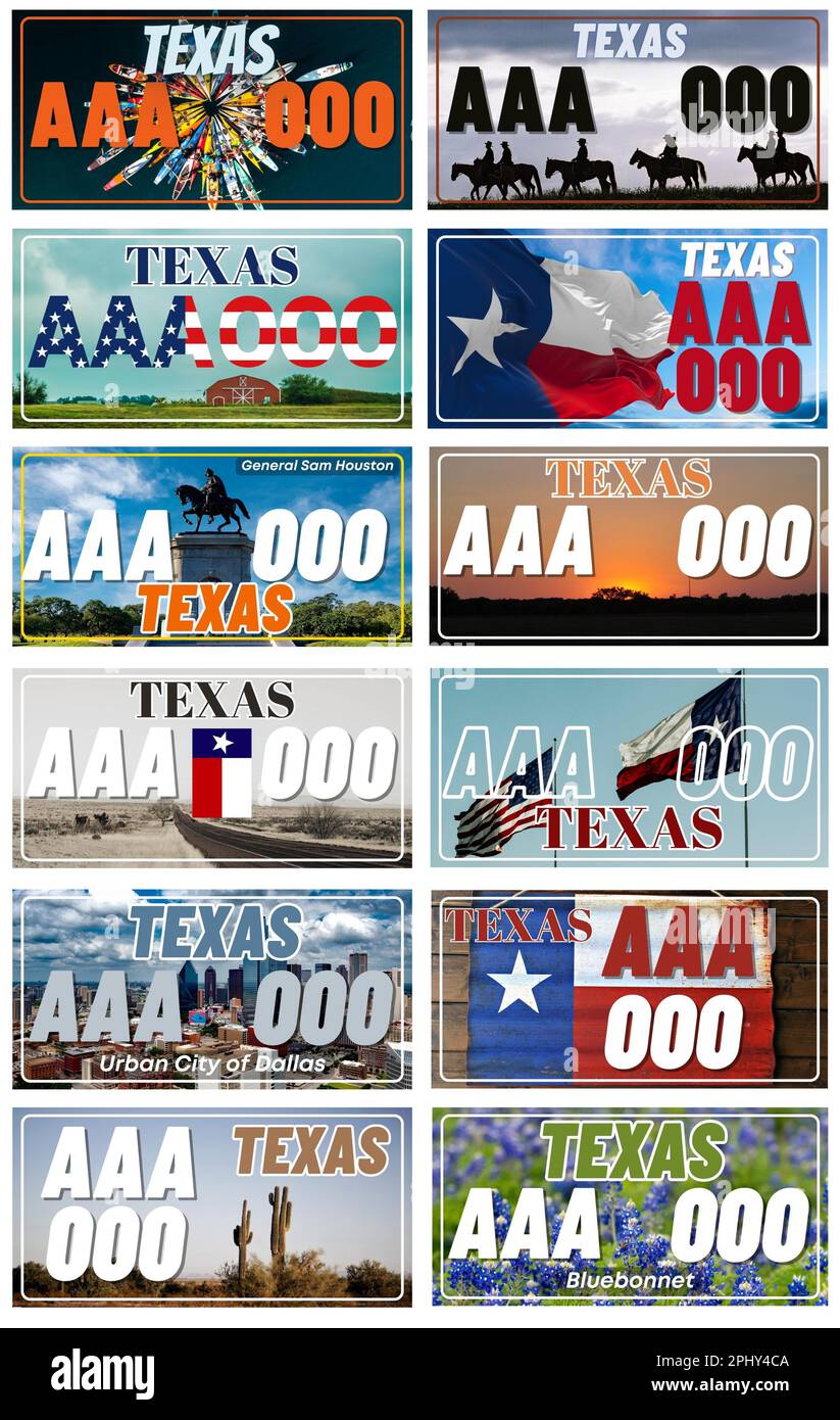 Kompletter Satz 12 Texas State US-Kennzeichen – Texas 12 USA, Sonderdesign und Vorschriften für alle Staaten, Fahrzeugnummern Stockfoto