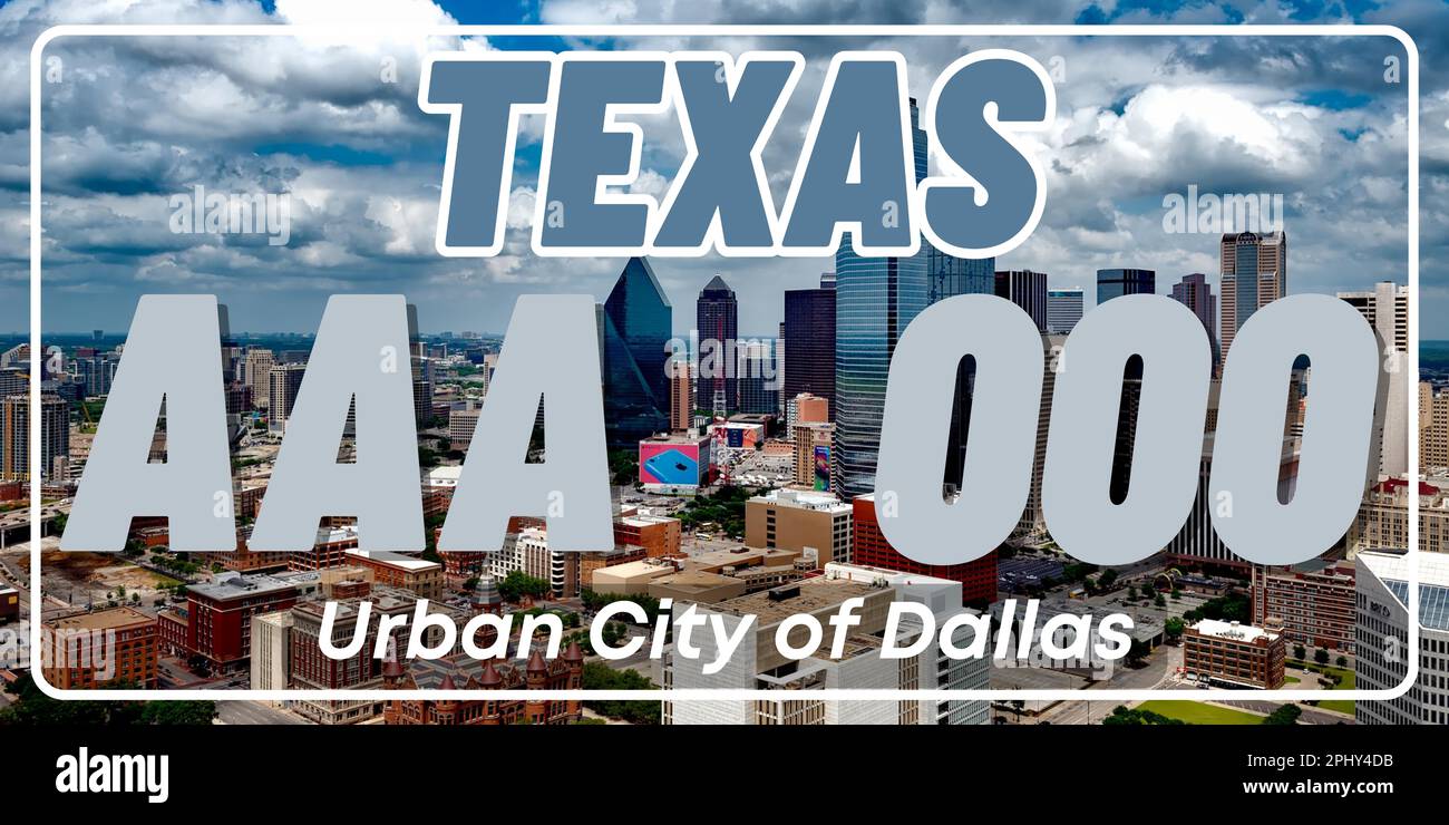 Fahrzeugkennzeichen in Texas in den Vereinigten Staaten von Amerika, Autokennzeichen. Führerscheinnummern verschiedener amerikanischer Staaten. Vintage-Druck für Grafiken, Aufkleber und Poster auf dem T-Shirt Stockfoto