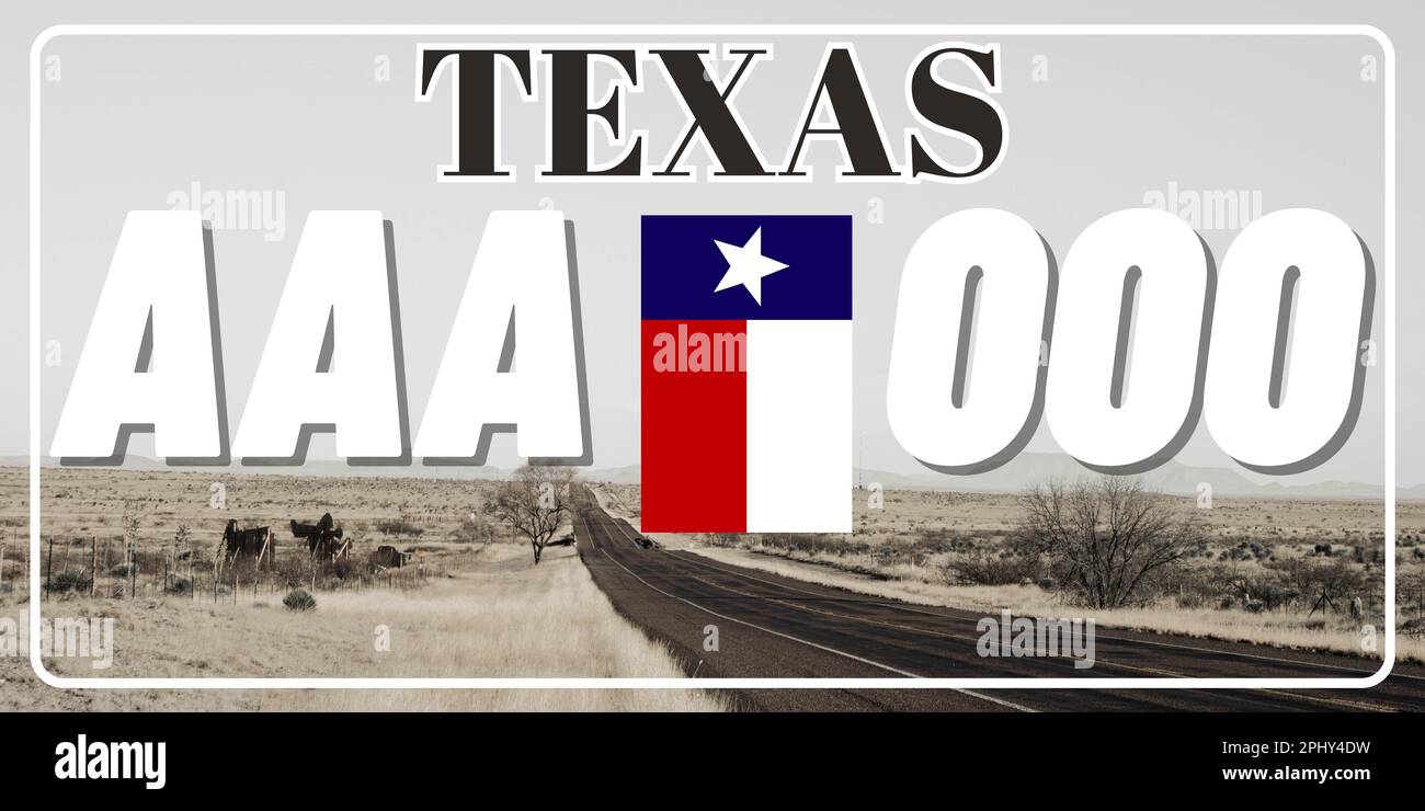 Fahrzeugkennzeichen in Texas in den Vereinigten Staaten von Amerika, Autokennzeichen. Führerscheinnummern verschiedener amerikanischer Staaten. Vintage-Druck für Grafiken, Aufkleber und Poster auf dem T-Shirt Stockfoto