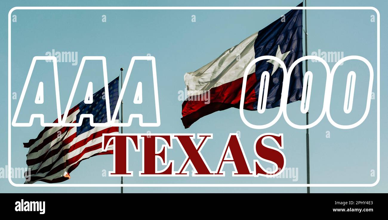 Fahrzeugkennzeichen in Texas in den Vereinigten Staaten von Amerika, Autokennzeichen. Führerscheinnummern verschiedener amerikanischer Staaten. Vintage-Druck für Grafiken, Aufkleber und Poster auf dem T-Shirt Stockfoto