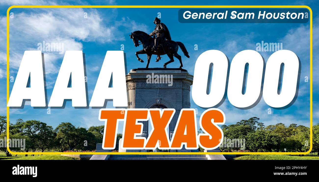 Fahrzeugkennzeichen in Texas in den Vereinigten Staaten von Amerika, Autokennzeichen. Führerscheinnummern verschiedener amerikanischer Staaten. Vintage-Druck für Grafiken, Aufkleber und Poster auf dem T-Shirt Stockfoto