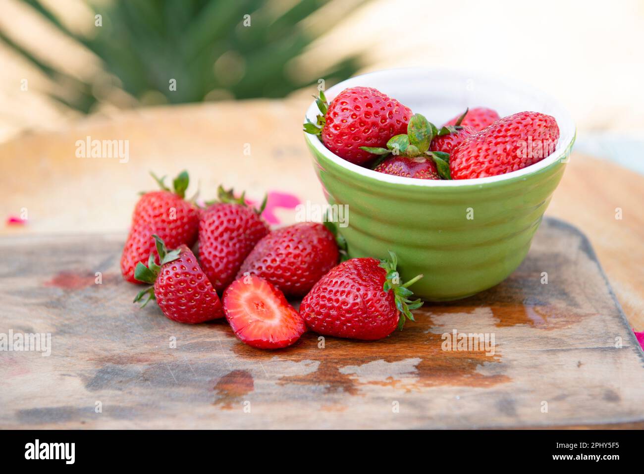 Grüne, stilvolle Schüssel mit Erdbeeren, die bei sonnigem Wetter auf dem Nassbrett liegen. Stockfoto