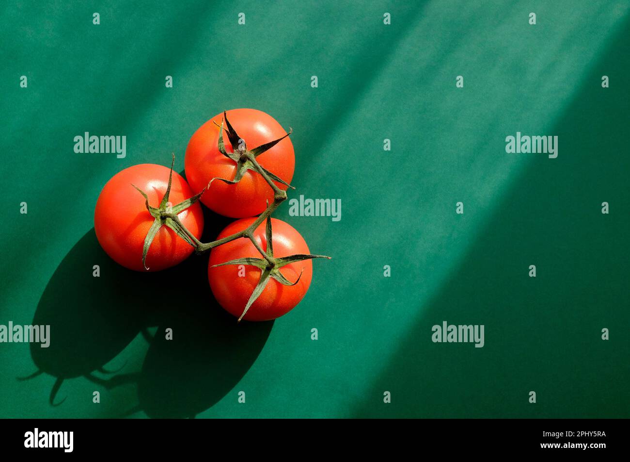 Rote Tomaten auf grünem Hintergrund Stockfoto