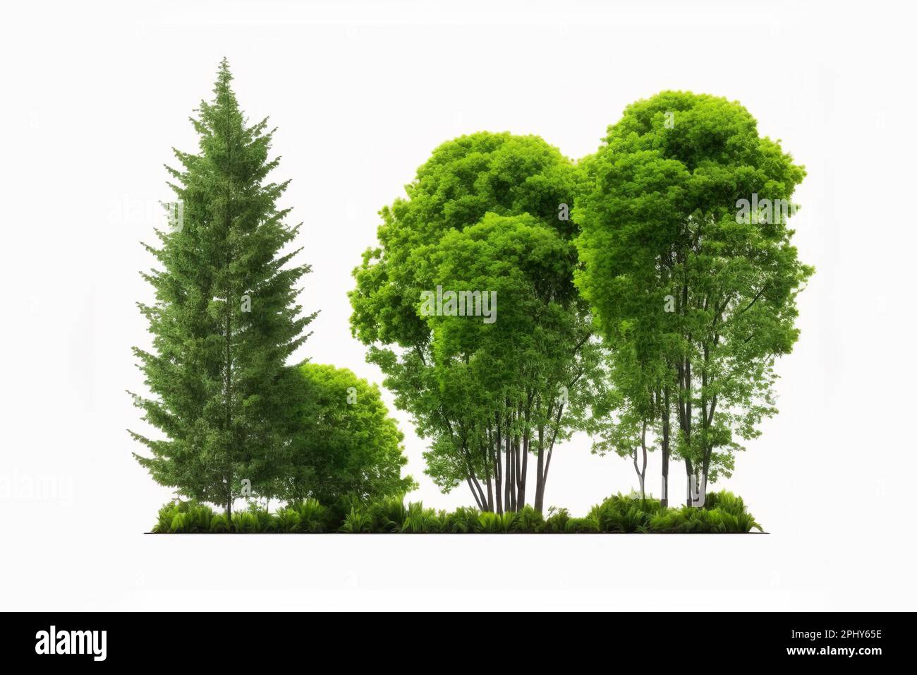 Reihe von Bäumen und Sträuchern auf weißem Hintergrund Stockfoto