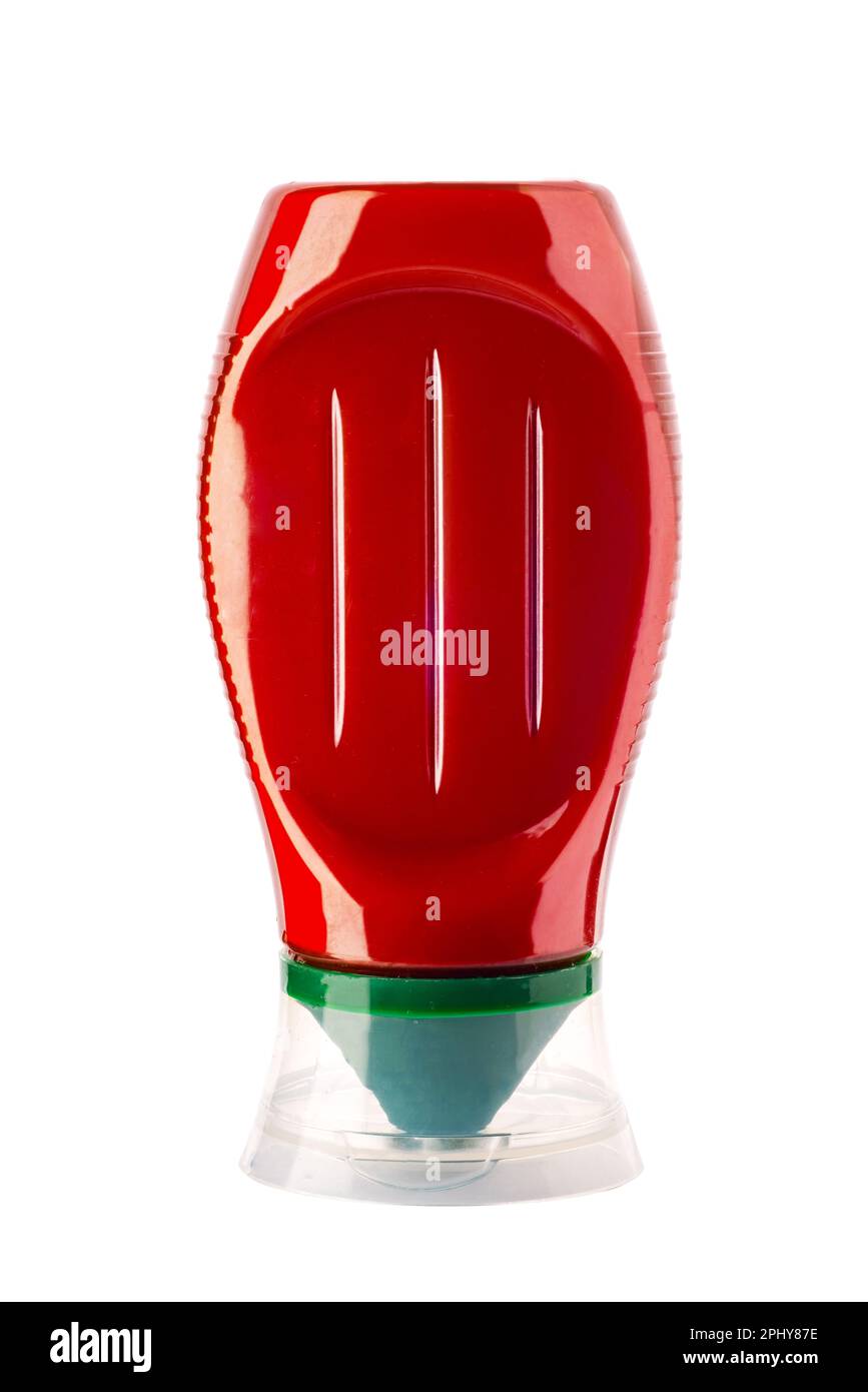 Ketchup-Plastikflasche, isoliert auf weiß, mit Clipping-Pfad Stockfoto