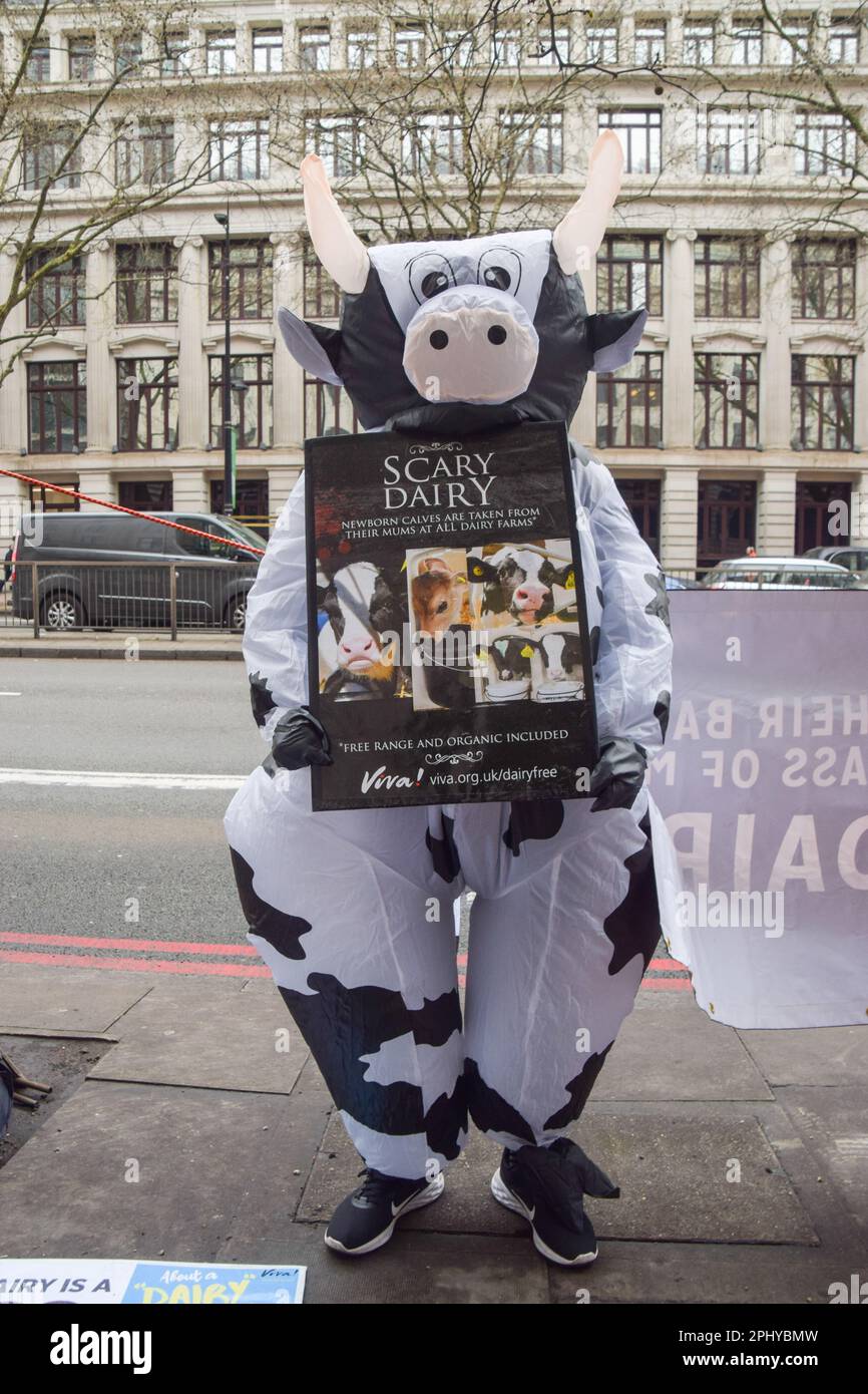 London, Großbritannien. 29. März 2023 Tierschützer mit Antimilchschildern versammelten sich vor der Wellcome Collection bei der Eröffnung der „Milk“-Ausstellung des Museums, die „unsere Beziehung zur Milch und ihren Platz in Politik, Gesellschaft und Kultur erforscht“. Kredit: Vuk Valcic/Alamy Live News Stockfoto