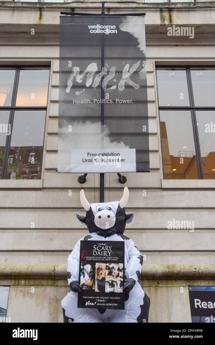 London, Großbritannien. 29. März 2023 Tierschützer mit Antimilchschildern versammelten sich vor der Wellcome Collection bei der Eröffnung der „Milk“-Ausstellung des Museums, die „unsere Beziehung zur Milch und ihren Platz in Politik, Gesellschaft und Kultur erforscht“. Kredit: Vuk Valcic/Alamy Live News Stockfoto