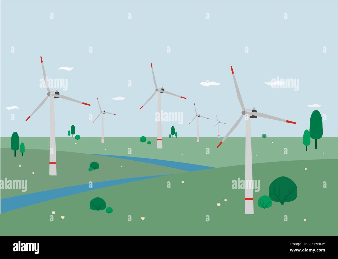 Windmühlen auf grünen Hügeln mit blauem Himmel und Wolken. Ökoenergie in der Natur. Vektordarstellung. Stock Vektor