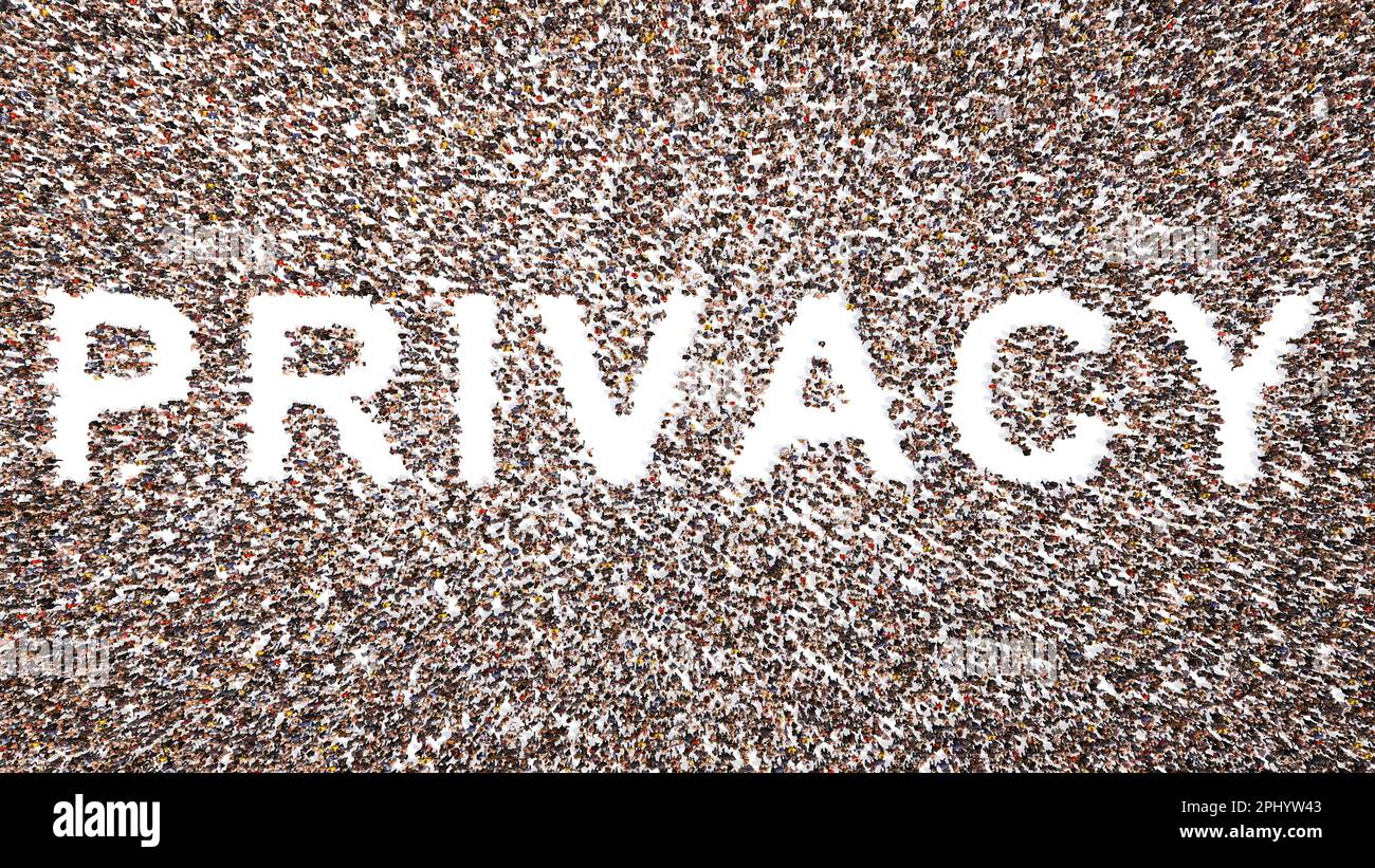Konzept oder konzeptionelle große Gemeinschaft von Menschen, die das Wort PRIVATSPHÄRE bilden. metapher zur 3D-Darstellung vertraulicher und persönlicher Informationen, Sicherheit Stockfoto
