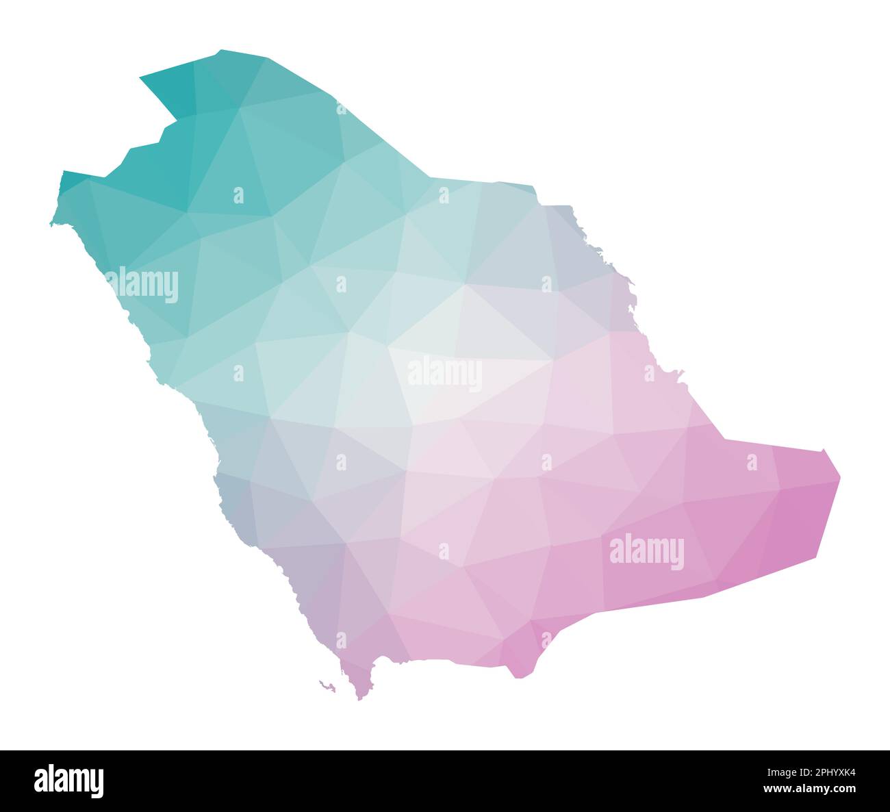 Polygonale Karte Saudi-Arabiens. Geometrische Darstellung des Landes in Smaragd- und Amethystfarben. Saudi-Arabien-Karte im Low-Poly-Stil. Stock Vektor