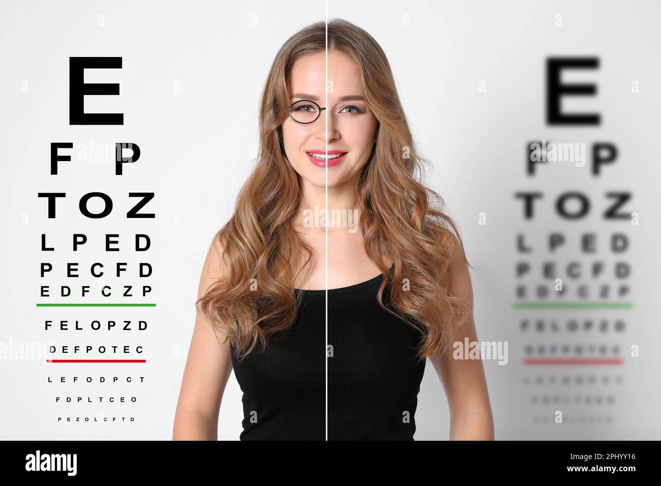 Collage mit Fotos einer Frau mit und ohne Brille und Augendiagrammen auf weißem Hintergrund. Sehschärfeprüfung Stockfoto