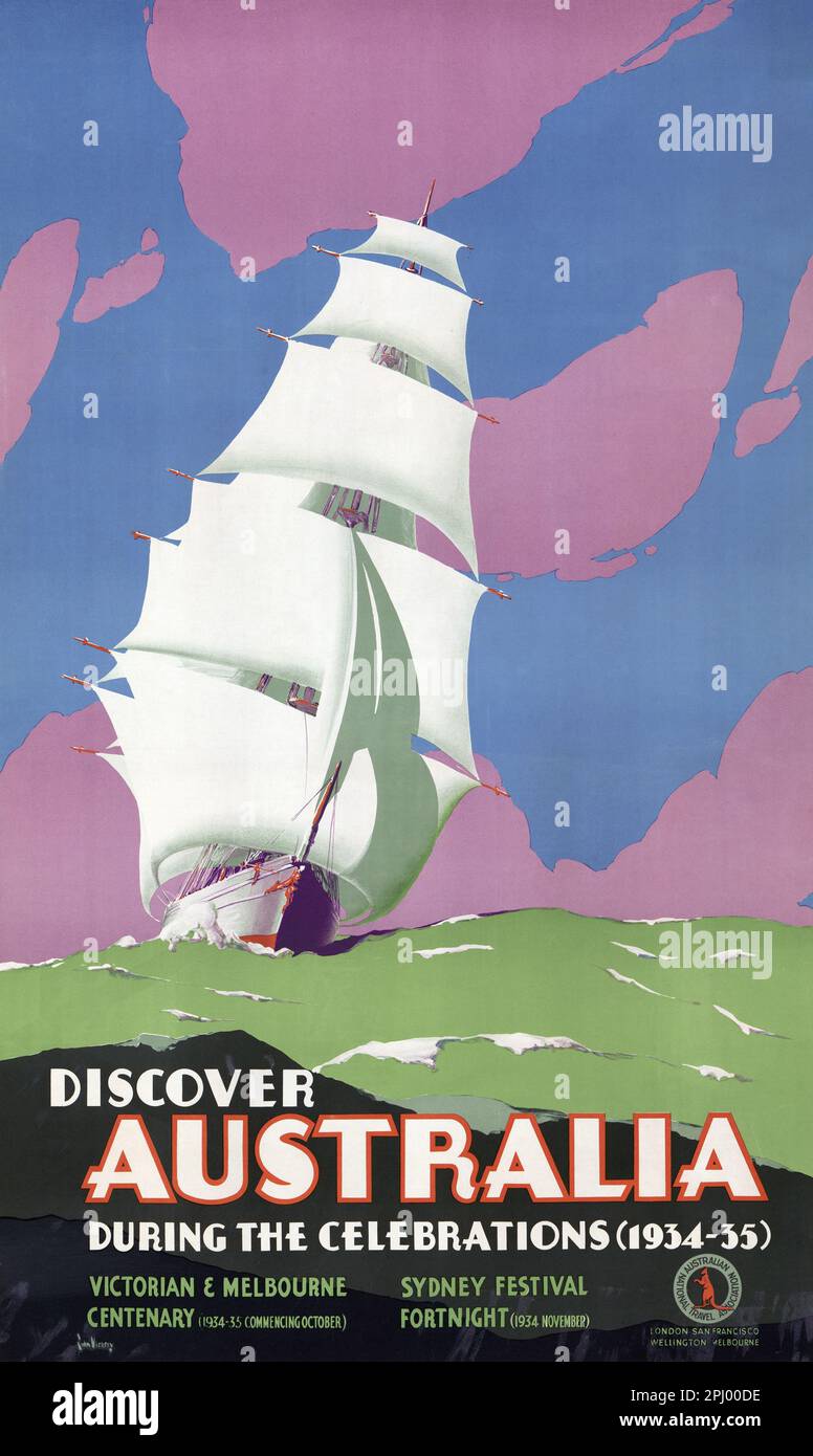 Entdecken Sie Australien während der Feierlichkeiten (1934-35) von John Vickery (1906-1983). Poster veröffentlicht 1934. Stockfoto